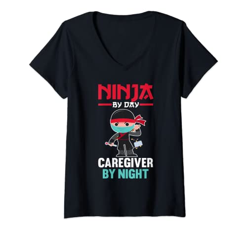 Mujer Ninja de día Cuidador de noche Cuidadores Camiseta Cuello V