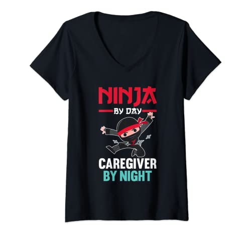 Mujer Ninja de día Cuidador de noche Cuidadores Camiseta Cuello V