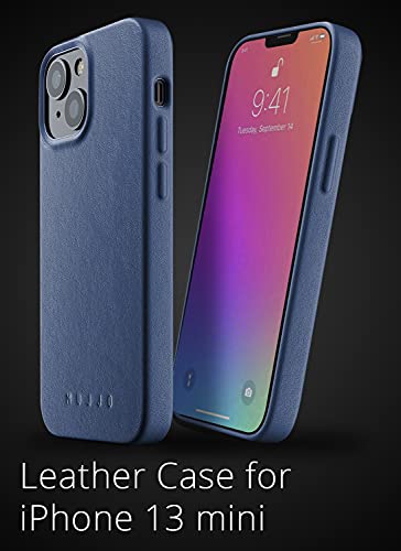 Mujjo Funda de Piel para iPhone 13 Mini (Azul) - Funda de Cuero Suave Efecto Envejecido Natura - Elevado 1mm en la Pantalla - Cubierta súper Delgada - Carga inalámbrica - 5,4 Pulgadas