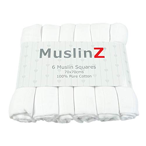 MuslinZ Cuadrados de muselina de bebé 100% algodón de alta calidad de primera calidad 70x70cms (blanco, paquete de 6) ...