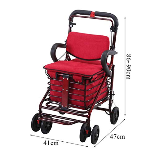 N / A Shopping Trolley Carbon Steel Cart, Premium Fing Shopping Cart with Swivel Wheel and Flannel Bag UtilityTrolley Four-Wheeled Walker Stroller,Red,B