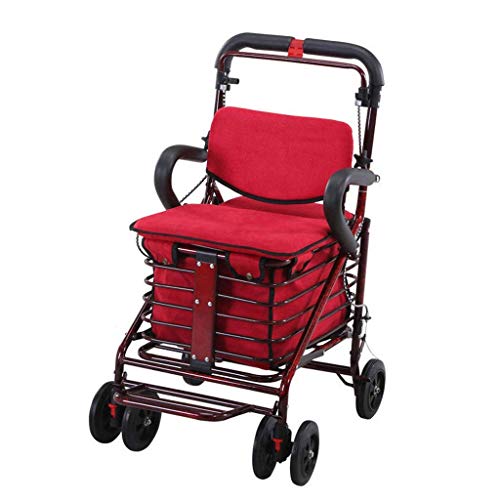 N / A Shopping Trolley Carbon Steel Cart, Premium Fing Shopping Cart with Swivel Wheel and Flannel Bag UtilityTrolley Four-Wheeled Walker Stroller,Red,B