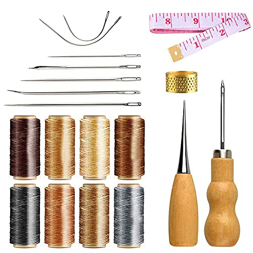 NACTECH 21pcs Kit Hilo Encerado de Cuero 8 Color 240m 150D 1 mm con Agujas de Coser Recta y Curva Herramienta Costura a Mano para Reparación Trabajar Cuero Lonas Manualidades