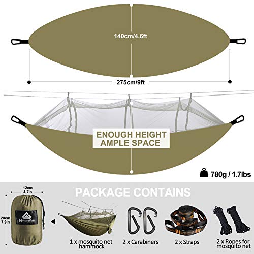 NatureFun Mosquitero Hamaca Ultra Ligera para Viaje y Camping | 300kg de Capacidad de Carga,Transpirable, Nylon de Paracaídas de Secado Rápido | 2 x Mosquetones Premium,4 x Correas de Nylon Incluidas