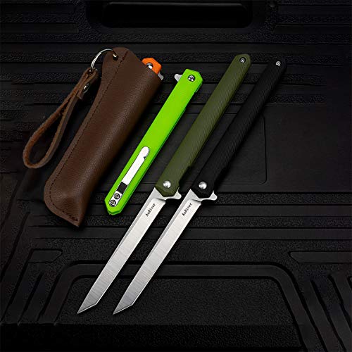 Navaja Plegable, Mango de Fibra de Vidrio en Cuchillo de Bolsillo Plegable de Acero M390 con Funda de Cuero para Vida Diaria Regalos Colecciones (Verde Ejercito)