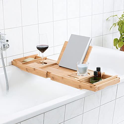 Navaris Bandeja Plegable para Cama - Mesa de bambú para bañera y sofá con Patas - Bandeja con Soporte para Poner Varios Objetos - Mesilla Auxiliar