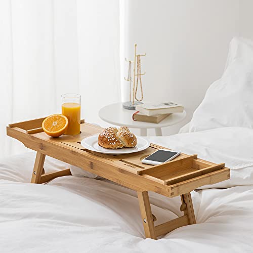 Navaris Bandeja Plegable para Cama - Mesa de bambú para bañera y sofá con Patas - Bandeja con Soporte para Poner Varios Objetos - Mesilla Auxiliar