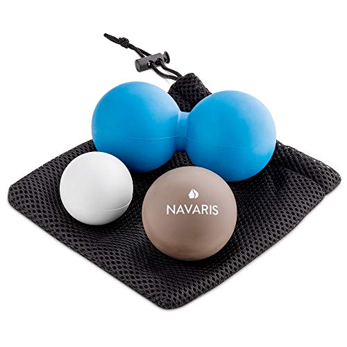 Navaris Bolas de masaje muscular - Set 3x pelota para automasaje espalda miofascial contracturas - Juego 2 pelotas y 1 bola doble cacahuete lacrosse