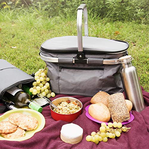 Navaris Cesta térmica para Picnic - Cesto de Tela y Aluminio para Camping Playa Compra - Nevera portátil para Transporte de Comida y Bebida - Gris