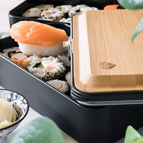 Navaris Recipiente hermético Tipo bento - Fiambrera con 2 Compartimentos Cubiertos y Tapa de bambú - Lunch Box para Llevar Comida Almuerzo - Negro