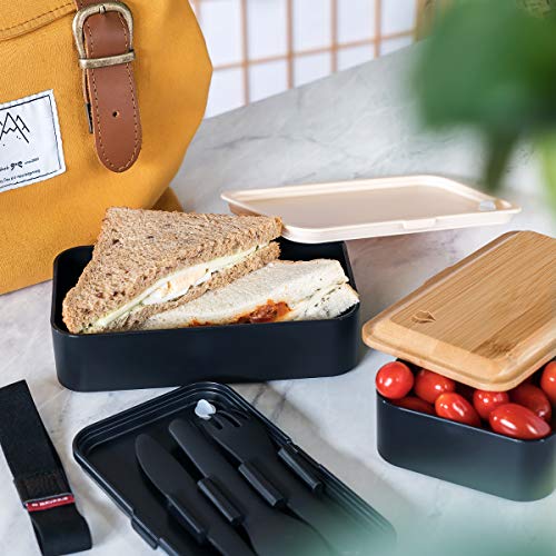 Navaris Recipiente hermético Tipo bento - Fiambrera con 2 Compartimentos Cubiertos y Tapa de bambú - Lunch Box para Llevar Comida Almuerzo - Negro