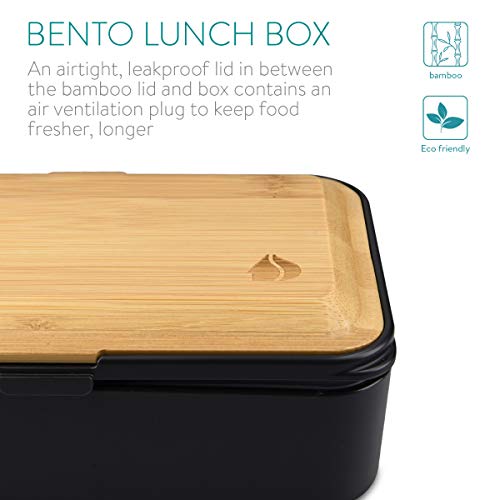 Navaris Recipiente hermético Tipo bento - Fiambrera con 2 Compartimentos Cubiertos y Tapa de bambú - Lunch Box para Llevar Comida Almuerzo - Negro