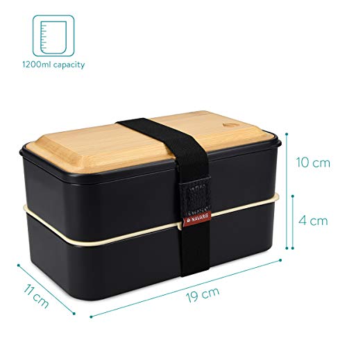 Navaris Recipiente hermético Tipo bento - Fiambrera con 2 Compartimentos Cubiertos y Tapa de bambú - Lunch Box para Llevar Comida Almuerzo - Negro