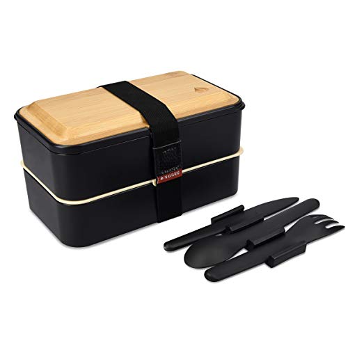 Navaris Recipiente hermético Tipo bento - Fiambrera con 2 Compartimentos Cubiertos y Tapa de bambú - Lunch Box para Llevar Comida Almuerzo - Negro