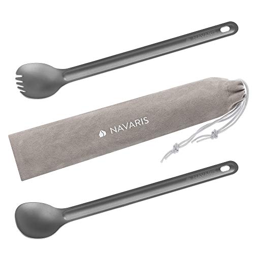 Navaris Set de 2X Cubierto de Titanio - 1x Cuchara 1x Cuchara con púas de Tenedor - Cubiertos de 21.5 x 3.9 CM para Camping Senderismo con Bolsa