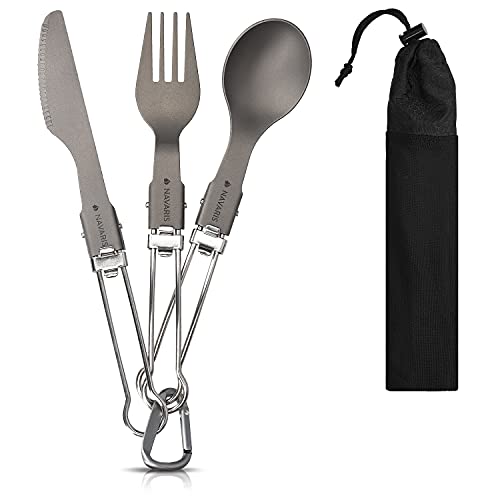 Navaris Set de 3 Cubiertos de Titanio para Camping - 3X Cubiertos ultraligeros - Cuchillo Cuchara y Tenedor para Acampada Picnic Viaje Senderismo