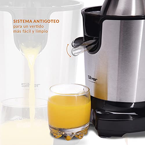 NEW CHEF - Exprimidor Eléctrico de Naranjas y Cítricos Juicer Silver Negro, 300W, Doble Cono, Boquilla Antigoteo e Interruptor de Presión Inteligente. Exprimidor Zumo Desmontable y Fácil de Limpiar