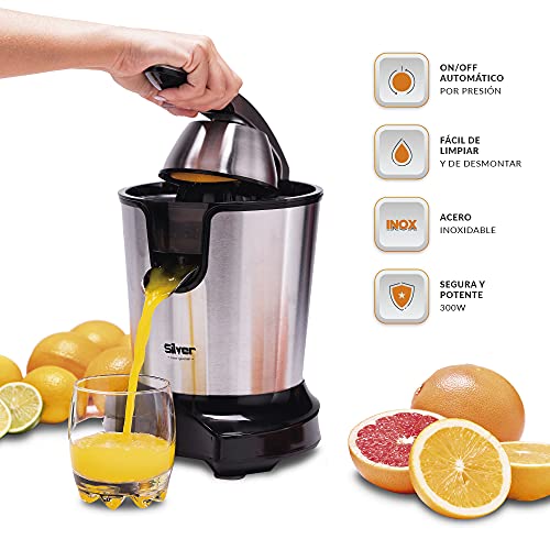 NEW CHEF - Exprimidor Eléctrico de Naranjas y Cítricos Juicer Silver Negro, 300W, Doble Cono, Boquilla Antigoteo e Interruptor de Presión Inteligente. Exprimidor Zumo Desmontable y Fácil de Limpiar