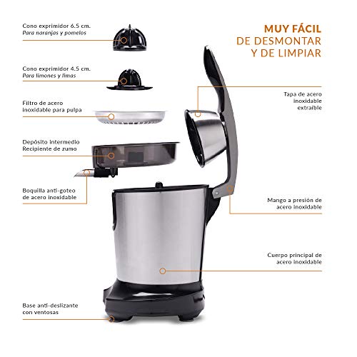 NEW CHEF - Exprimidor Eléctrico de Naranjas y Cítricos Juicer Silver Negro, 300W, Doble Cono, Boquilla Antigoteo e Interruptor de Presión Inteligente. Exprimidor Zumo Desmontable y Fácil de Limpiar