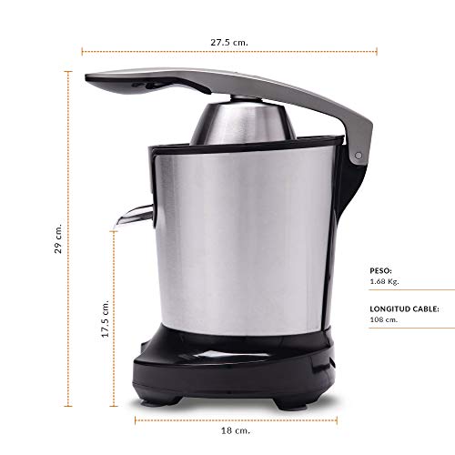 NEW CHEF - Exprimidor Eléctrico de Naranjas y Cítricos Juicer Silver Negro, 300W, Doble Cono, Boquilla Antigoteo e Interruptor de Presión Inteligente. Exprimidor Zumo Desmontable y Fácil de Limpiar