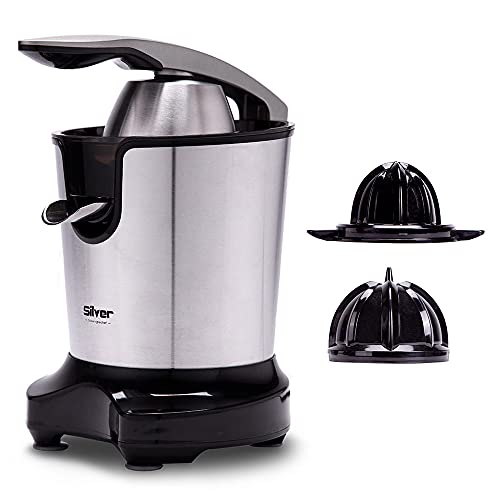 NEW CHEF - Exprimidor Eléctrico de Naranjas y Cítricos Juicer Silver Negro, 300W, Doble Cono, Boquilla Antigoteo e Interruptor de Presión Inteligente. Exprimidor Zumo Desmontable y Fácil de Limpiar