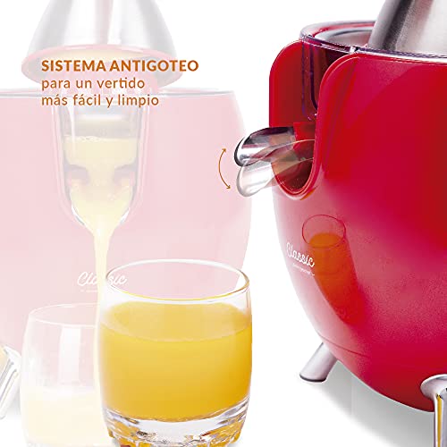 NEW CHEF - Exprimidor Zumo Eléctrico Juicer Classic Rojo para Naranjas y Cítricos, 300W con Doble Cono, Sist. Antigoteo y ON/OFF Automático. Máquina Exprimidora de Zumo Desmontable y de Fácil Limpieza