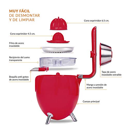 NEW CHEF - Exprimidor Zumo Eléctrico Juicer Classic Rojo para Naranjas y Cítricos, 300W con Doble Cono, Sist. Antigoteo y ON/OFF Automático. Máquina Exprimidora de Zumo Desmontable y de Fácil Limpieza