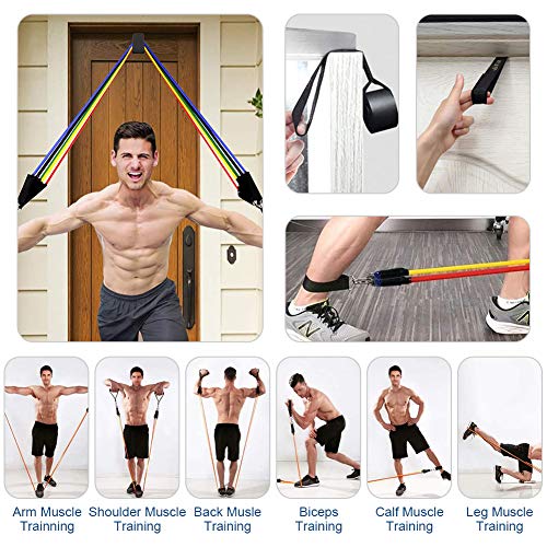 Newlemo Bandas Elásticas, Gomas Elasticas Musculacion 12 PCS - 5 Bandas de Resistencia,2 Manijas, 2 Correas para Tobillos, Anclaje para Puerta, Adecuado para Gimnasio en Casa