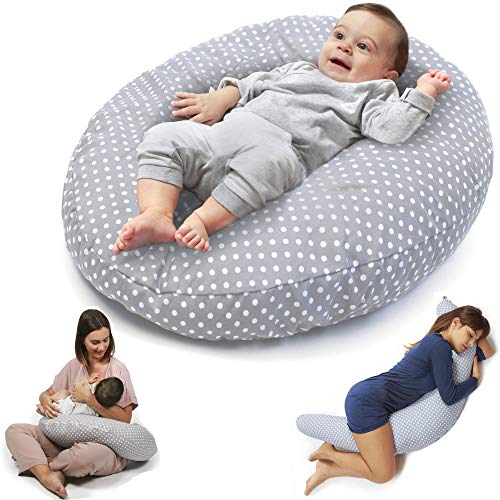 Niimo Niivetto Almohada Embarazo Dormir y Cojin Lactancia Bebe XXL Funda 100% Algodon Desenfundable y Lavable Relleno de Fibra Hueca Poliester Siliconado by (Gris - Lunares Blancos)