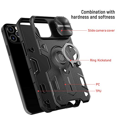 Nillkin CamShield - Funda para iPhone 12/12 Pro, protección de la cámara, antigolpes y antiarañazos, carcasa rígida de PC y TPU de silicona con soporte de anillo para iPhone 12/12 Pro (negro)