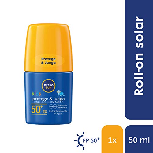 NIVEA SUN Roll-On Solar Niños Protege & Juega FP50+ (1 x 50 ml), protector solar roll-on para niños, crema solar resistente al agua, protección solar muy alta