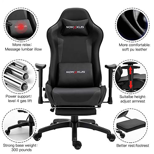 Nokaxus Silla de Oficina Silla de Computadora Gaming con Soporte Lumbar de Masaje y Reposapiés Telescópico Cuero PU Ajuste del Respaldo en 90-180 Grado (YK-6008-BLACK S2)