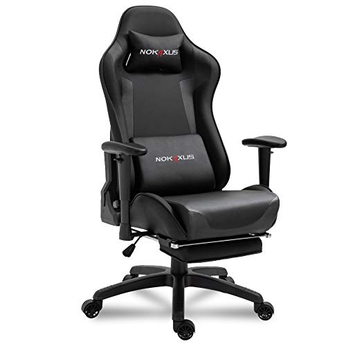 Nokaxus Silla de Oficina Silla de Computadora Gaming con Soporte Lumbar de Masaje y Reposapiés Telescópico Cuero PU Ajuste del Respaldo en 90-180 Grado (YK-6008-BLACK S2)