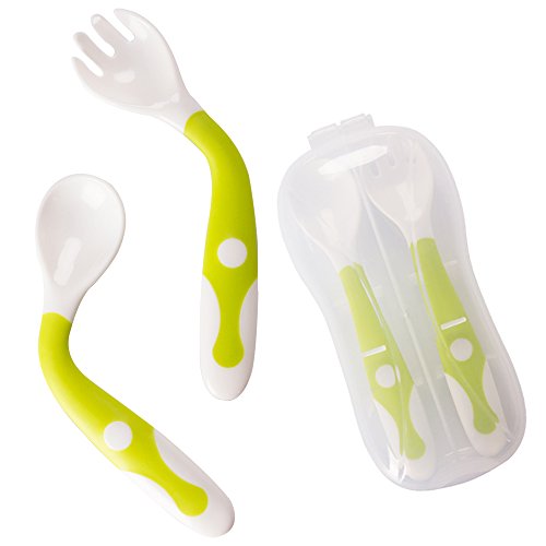 Novos Utensilios para el bebé Cuchara Tenedor Set Viaje seguro con la caja para niños pequeños bebés alimentación de los niños Formación Spoony Grip resistente al calor Flexible