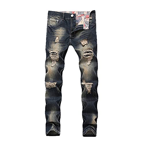 N\P Hombres Retro Jeans Rodilla Rap Agujero Cremallera Biker Jeans Hombres Sueltos, azul, 34