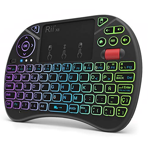 (Nueva versión) 2018 Rii X8 Mini Teclado inalámbrico, Teclado retroiluminado con Pantalla táctil 2.4GHz y Rueda de Scroll, Dispone de 8 Cambios de Color