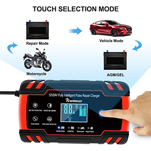 NWOUIIAY Cargador Batería Coche Moto Carga Inteligente 12V/24V 8A con LCD Pantalla Digital para Baterías de AGM Gel SLA Wet Calcio en Coche Moto Cortacésped Barco