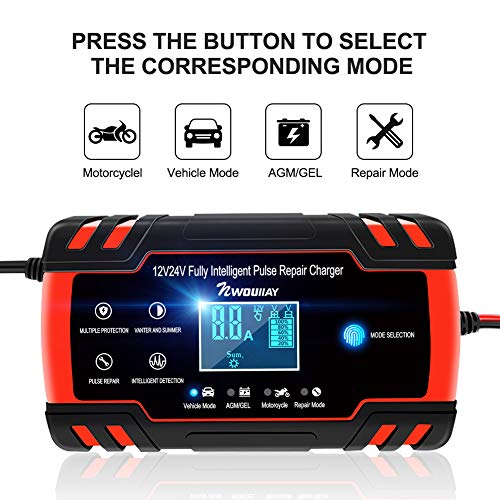 NWOUIIAY Cargador Batería Coche Moto Carga Inteligente 12V/24V 8A con LCD Pantalla Digital para Baterías de AGM Gel SLA Wet Calcio en Coche Moto Cortacésped Barco