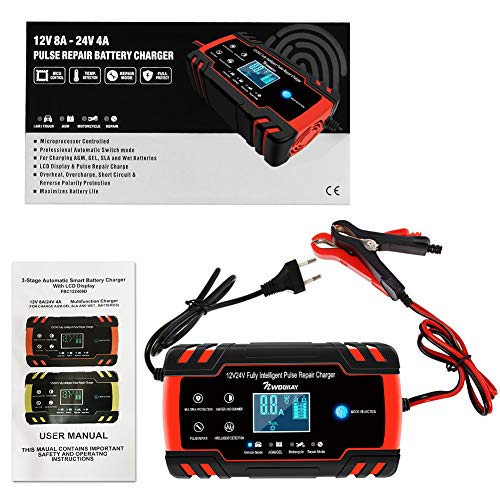 NWOUIIAY Cargador Batería Coche Moto Carga Inteligente 12V/24V 8A con LCD Pantalla Digital para Baterías de AGM Gel SLA Wet Calcio en Coche Moto Cortacésped Barco