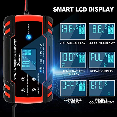 NWOUIIAY Cargador Batería Coche Moto Carga Inteligente 12V/24V 8A con LCD Pantalla Digital para Baterías de AGM Gel SLA Wet Calcio en Coche Moto Cortacésped Barco