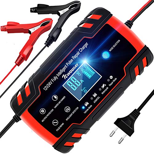 NWOUIIAY Cargador Batería Coche Moto Carga Inteligente 12V/24V 8A con LCD Pantalla Digital para Baterías de AGM Gel SLA Wet Calcio en Coche Moto Cortacésped Barco