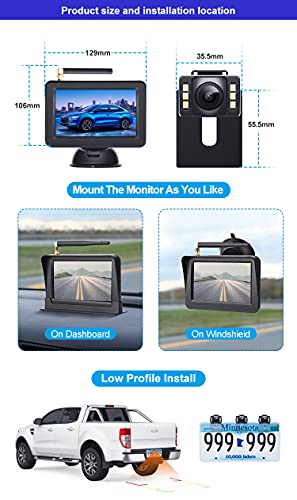 OBEST 4.3" Cámara de Visión Trasera Inalámbrica Kit, Fácil Instalar, Cámara Impermeable Visión Nocturna y Monitor Automóvil de Alta Definición, Adecuado para Automóviles, Camiones, Camionetas, SUV