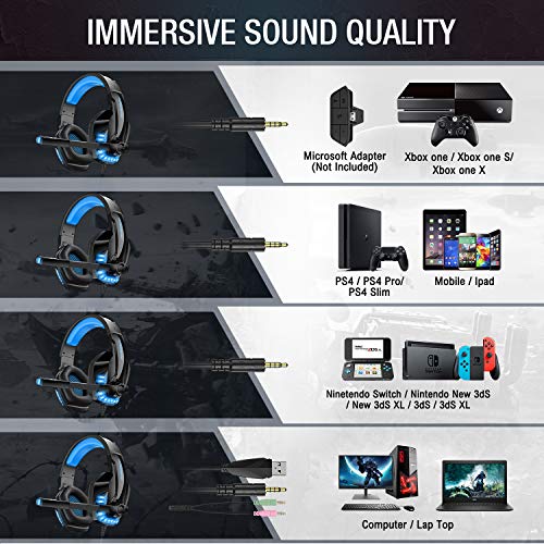 OBEST Auriculares Juegos para PS4/XBox One/Switch, Auriculares Cómodos Retráctiles Sonido Envolvente, con Micrófono con Reducción de Ruido y Luz LED, Compatible con PC/Mac/Laptop/iOS/Android