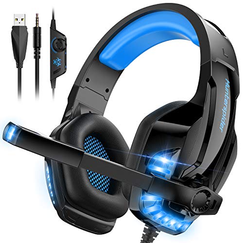 OBEST Auriculares Juegos para PS4/XBox One/Switch, Auriculares Cómodos Retráctiles Sonido Envolvente, con Micrófono con Reducción de Ruido y Luz LED, Compatible con PC/Mac/Laptop/iOS/Android