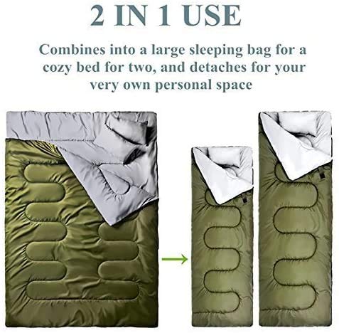 Ohuhu 220x150cm Saco de Dormir Doble Enorme con 2 Almohadas Gratis y una Bolsa de Transporte, Cuatro Doble Tiradores de la Cremallera - Temperatura Cómodo: -6° C / 20F ~ 10 ° C / 50F (Verde)