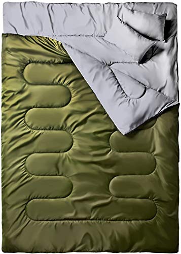 Ohuhu 220x150cm Saco de Dormir Doble Enorme con 2 Almohadas Gratis y una Bolsa de Transporte, Cuatro Doble Tiradores de la Cremallera - Temperatura Cómodo: -6° C / 20F ~ 10 ° C / 50F (Verde)