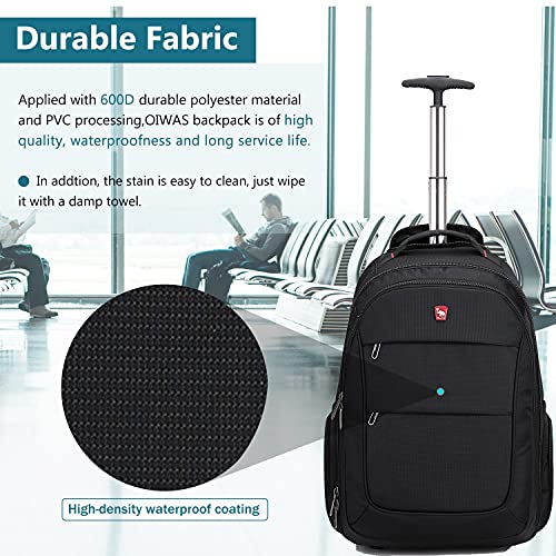 OIWAS Mochila con Ruedas Adulto Negra Escolar Trolly para Portátil de 15.6 Pulgadas Equipaje de Mano Unisex 30L