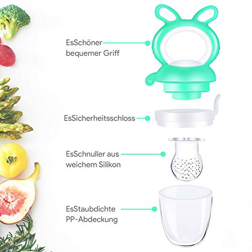 Oladwolf Chupete Fruta Bebe, Alimentador Antiahogo de Fruta Para Bebés y Niños Pequeños con 3 Tamaños Diferentes Reemplazo de Pezones de Silicona, Sin BPA Juguete Para Niños Dentición Chupete (Verde)