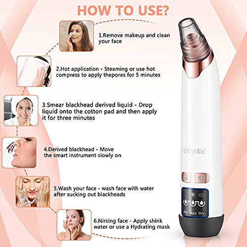 OMANIAC Succionador de Puntos Negros Limpiador de Poros Limpiador Facial Blackhead Remover Recargable via USB 5 Cabezales Pulidores Faciales y 4 herramientas para eliminar el acné