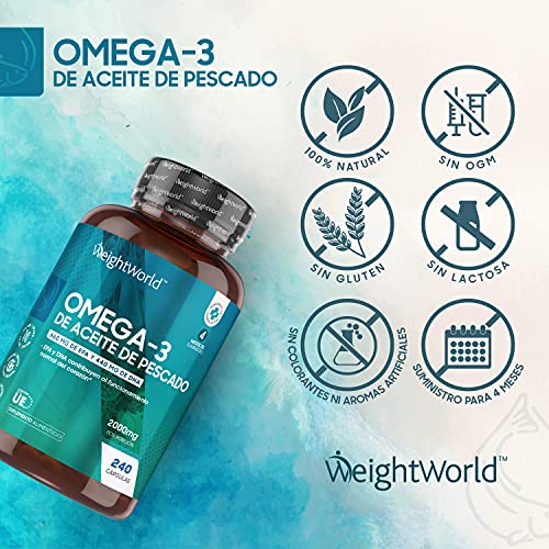 Omega 3 Cápsulas de Alta Dosis 2000mg, Aceite de Pescado Puro 240 Cápsulas - 660 mg de EPA + 440 mg DHA, Suministro de 4 Meses de Perlas Omega 3, Ácidos Grasos Omega 3 EPA y DHA de Alta Absorción